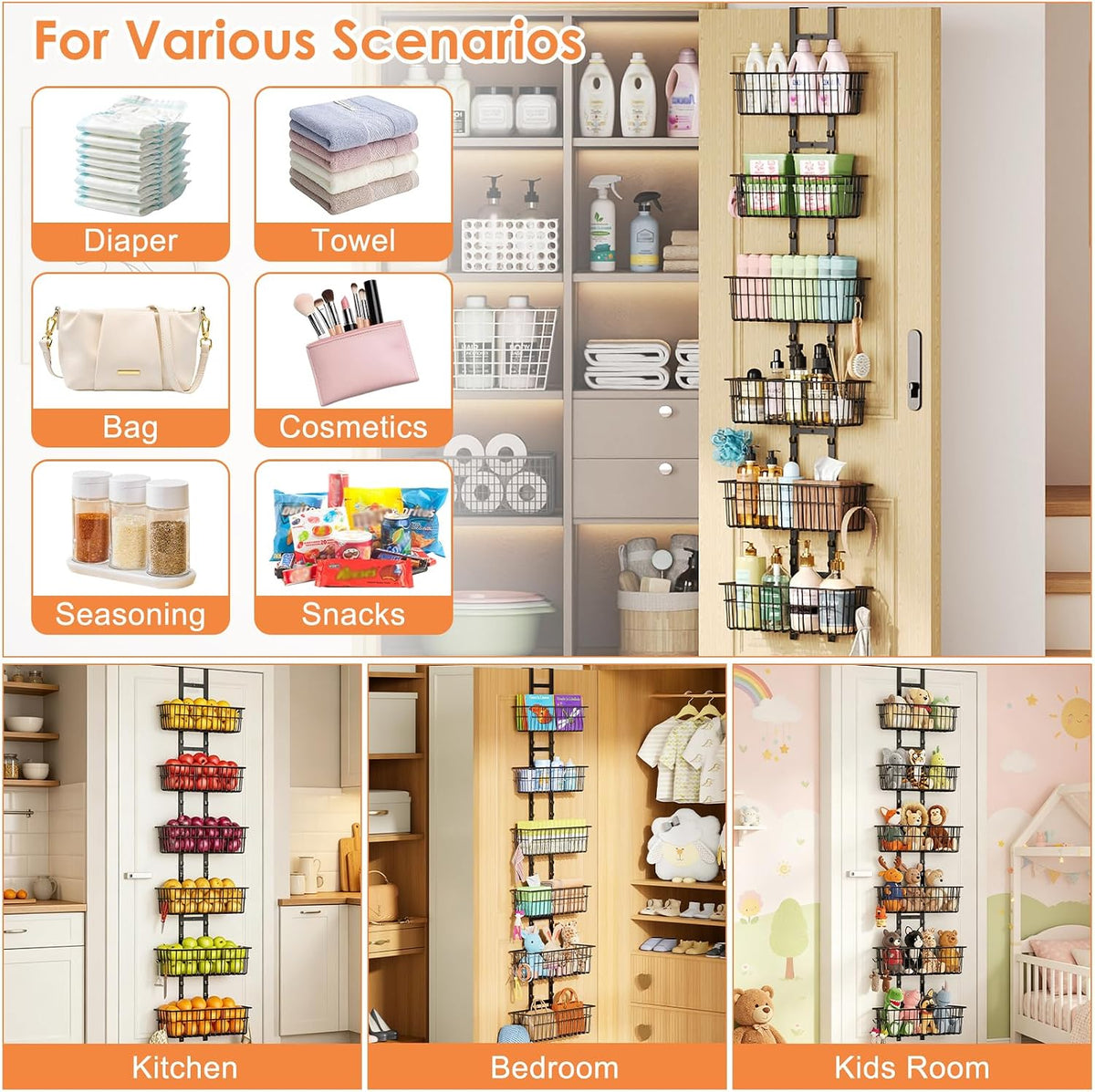 Hongtamoya Over The Door Organizer, Adjustable Hanging Door Organizer with 6 Wire Baskets 5 Hooks, Metal Behind The Door Storage for Pantry Closet Bedroom Bathroom Cabinet Kitchen Laundry Room, Black