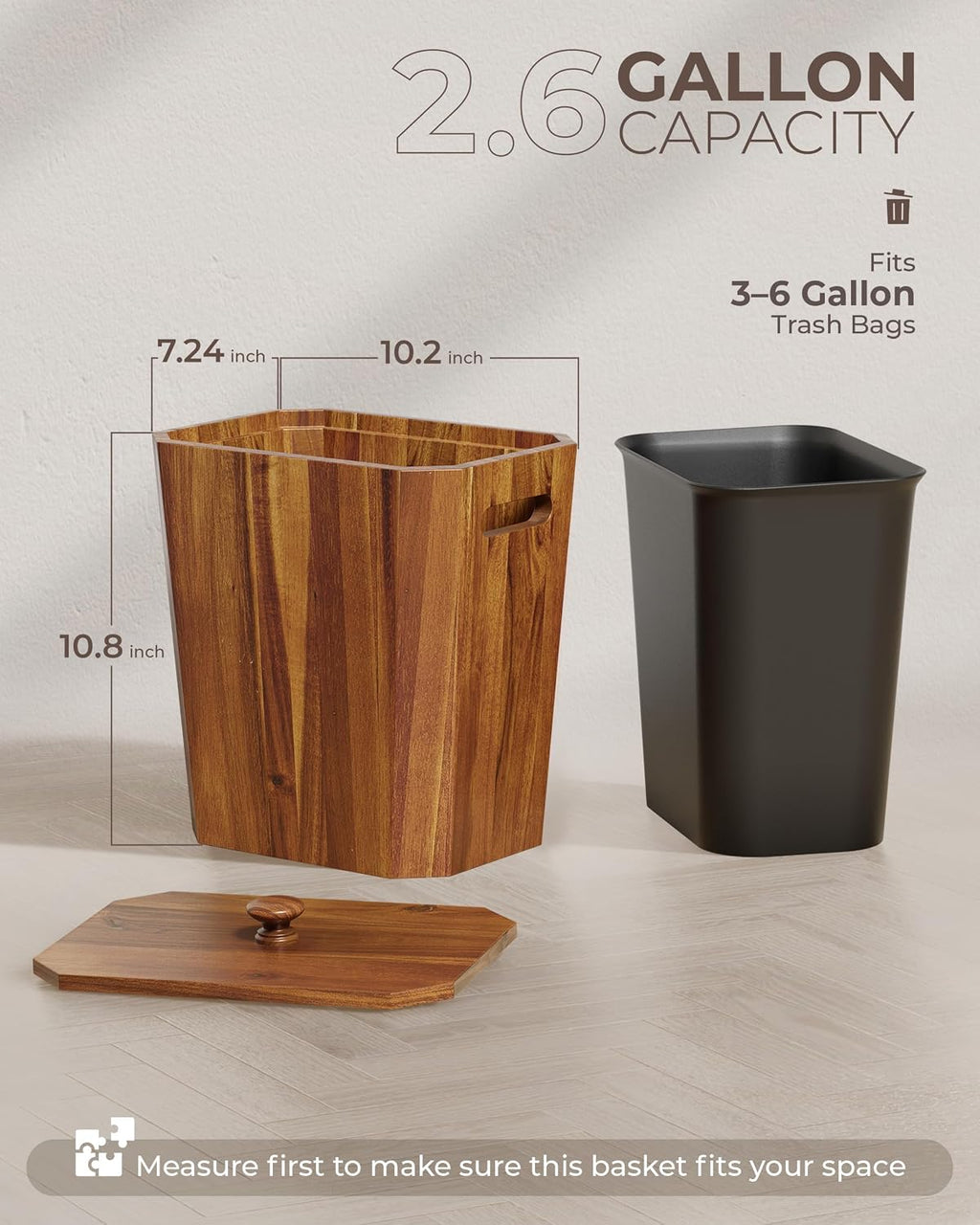 BLUEWEST Acacia Wooden Trash Can with Lid for Bathroom, Bedroom and Office