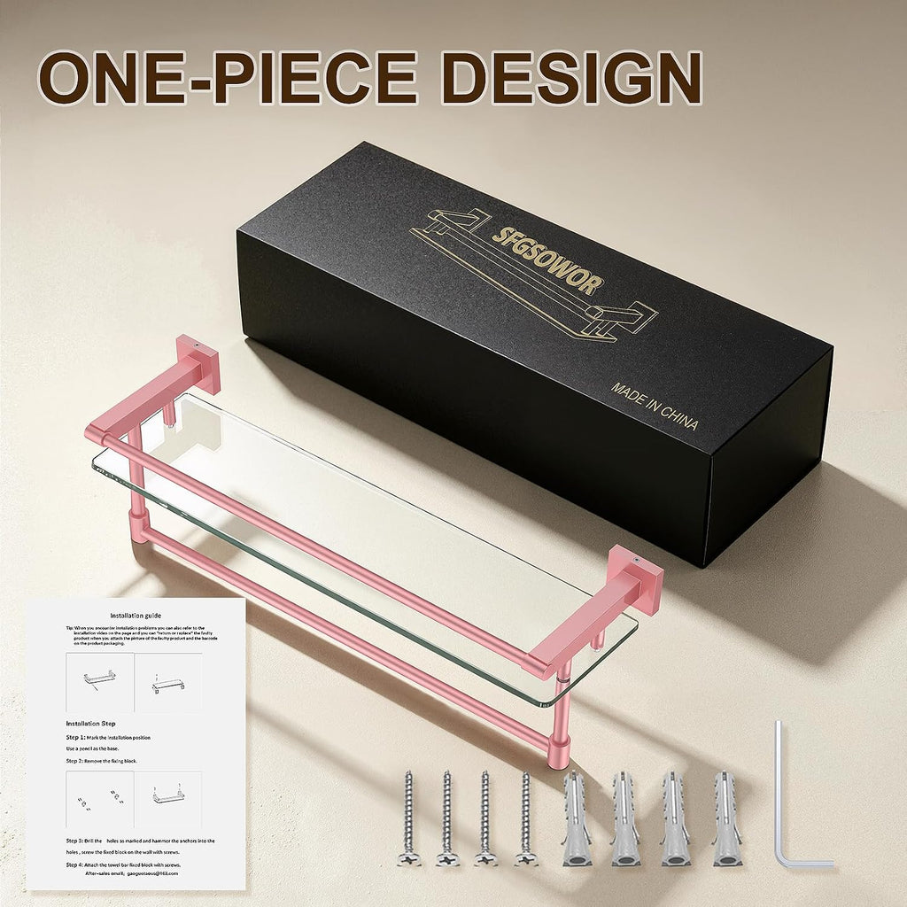 Bathroom Glass Shelf Towel Rack Shelf Glass Organizer Wall-Mounted Bathroom Storage SUS304 Stainless Steel Towel bar/Track Wall-Mounted Tempered Glass Stainless Steel Shelf (Pink, 24‘’ with Railing)