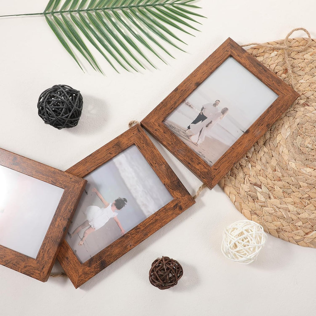 4x6 Rustic Brown Hanging Collage Picture Frames Set of 2, 3 Openings Collage Photo Frames Rustic Wooden Real Glass Vertical Hanging