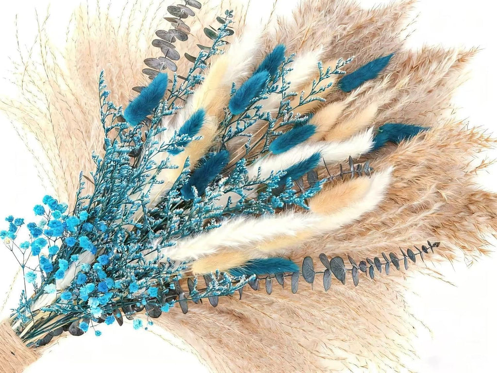 Real Blue Boho Decor Pampas Grass and Babys Breath, Eucalyptus Bouquet
