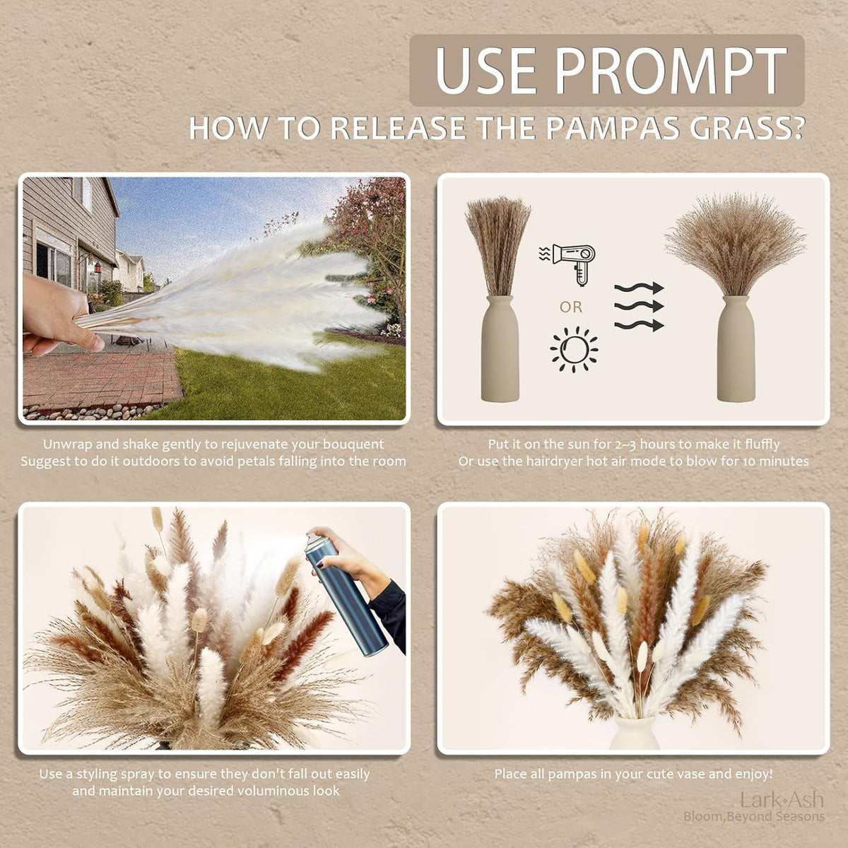 220 Stems Dried Pampas Grass Decor-White Pampas Grass,Brown Pampas,Bunny Tails Grass,Fluffy Pompas.Rustic Flower Bouquets for Wedding, Home Decor,Table Centerpiece,Apartment and Boho Decor