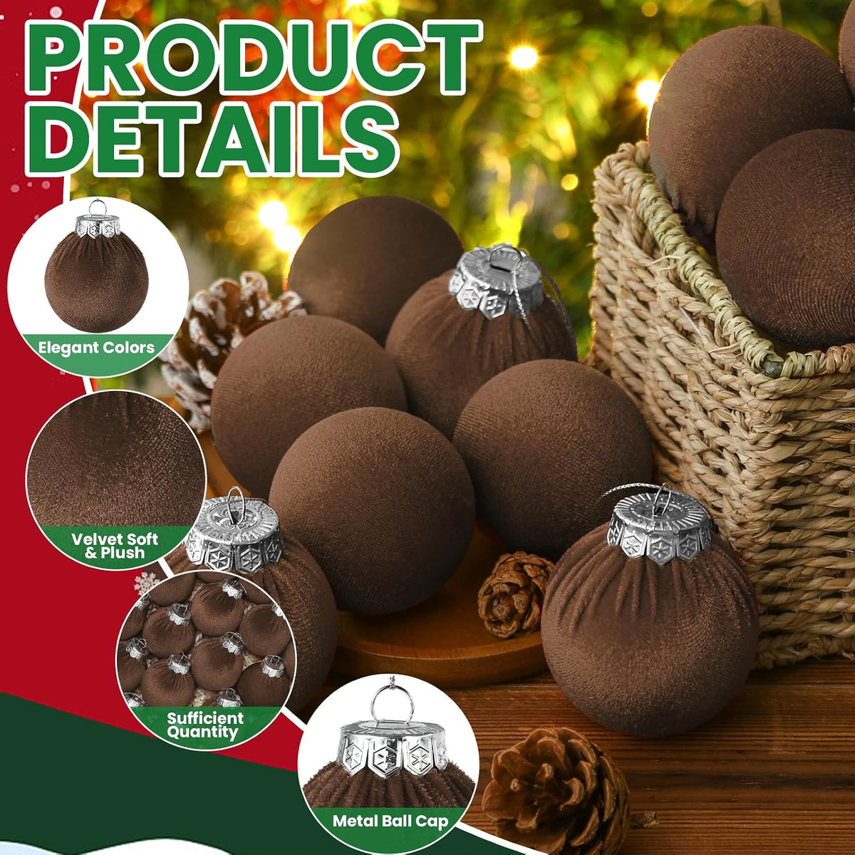 Velvet Christmas Balls Set 30pcs Dark Brown Velvet Christmas Tree Ornaments Shatterproof Xmas Hanging Balls Decorative Hanging for Xmas Holiday Family Home Store Indoor Decor 2.4inch