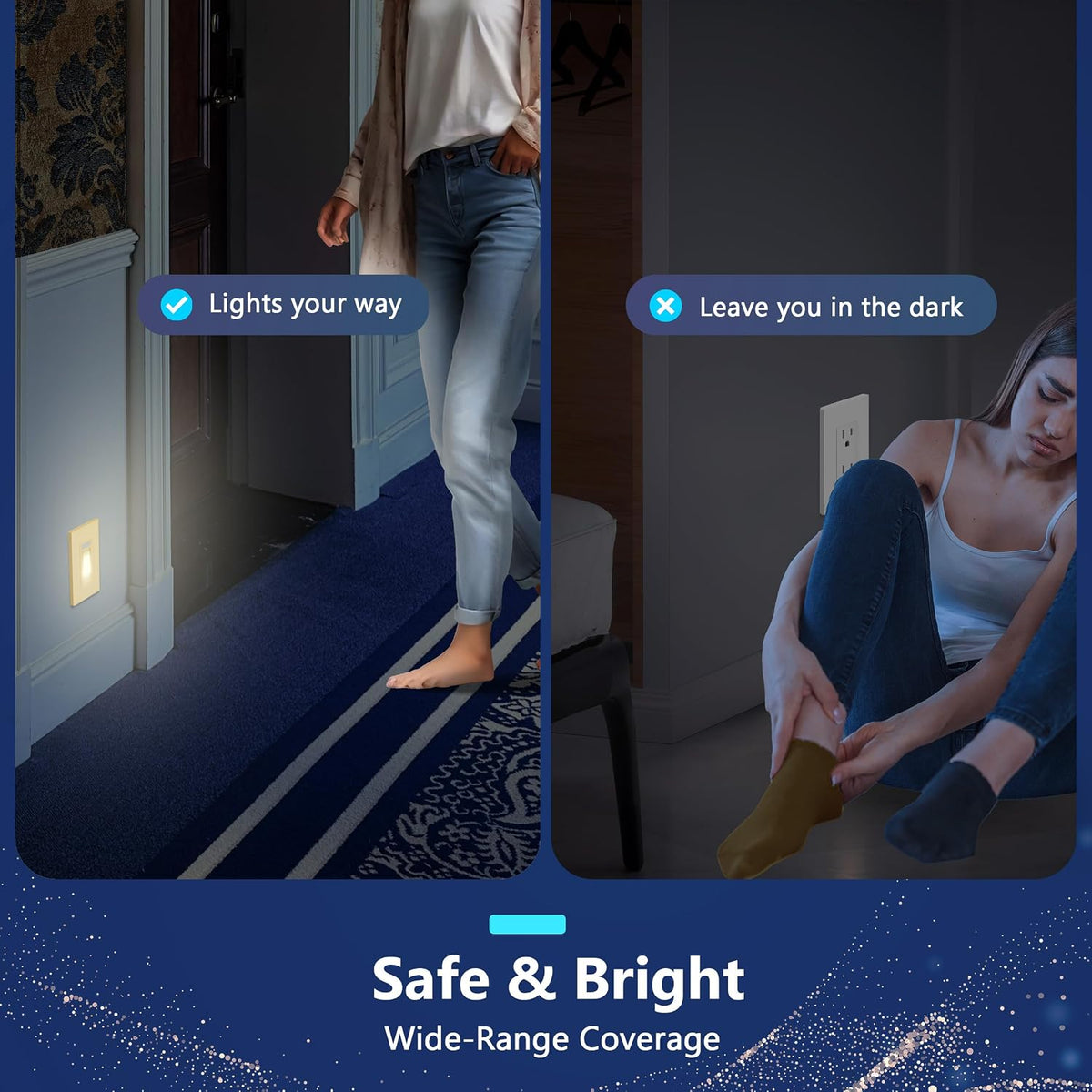 LIDER Full LED Guide Light with PIR Motion Sensor, Night Light, Adjustable Time Delay & Daylight Sensor, 3000K Warm White, Screwless Wall Plate Included, UL Listed, Thermoplastic, Matte Gold, 2-Pack