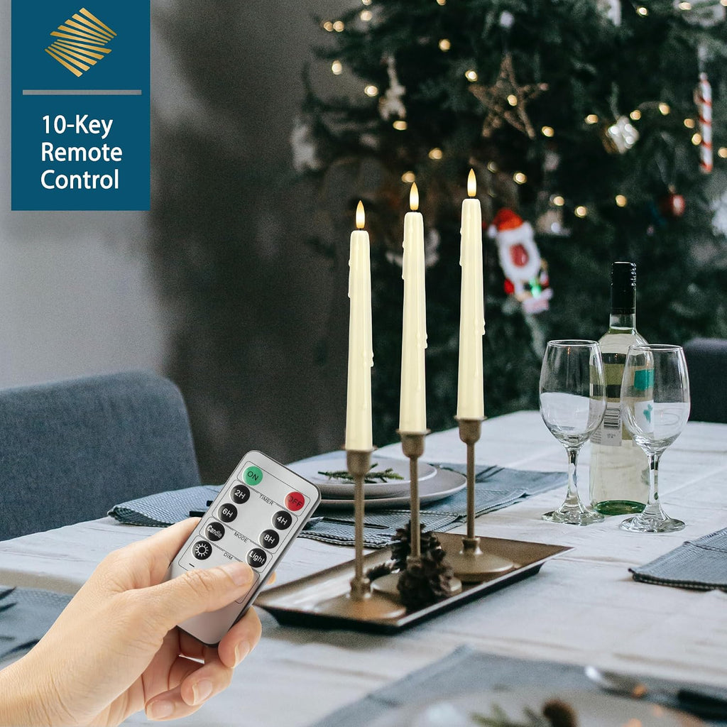 Dripless Flameless Taper Candles with Remote, Real Wax Battery Operated LED Candles Set with 3D Flickering Flame, 9.6" Realistic Dripless Candlesticks for Wedding Home Decor, 3 Pack Ivory