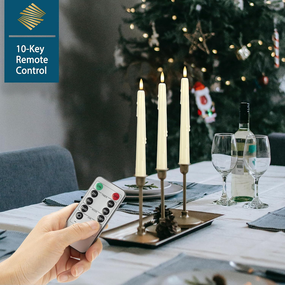 Dripless Flameless Taper Candles with Remote, Real Wax Battery Operated LED Candles Set with 3D Flickering Flame, 9.6" Realistic Dripless Candlesticks for Wedding Home Decor, 3 Pack Ivory