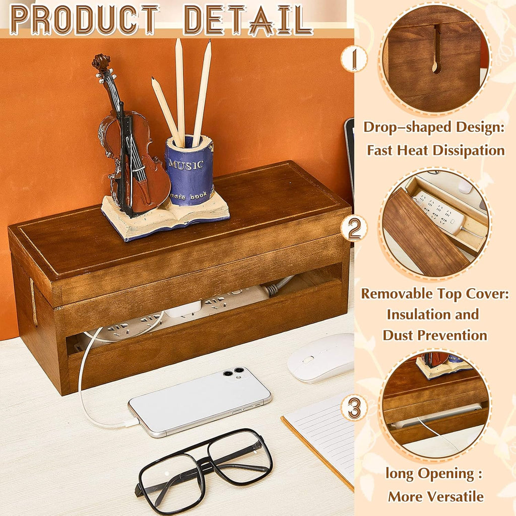 Hoteam 48 Pcs Wooden Cable Management Box Cable Organizer Box Set Power Strip Holder Cord Hider Clip Adhesive Management Ties Cord Sleeves for Desktop Home Office(Brown,Large)