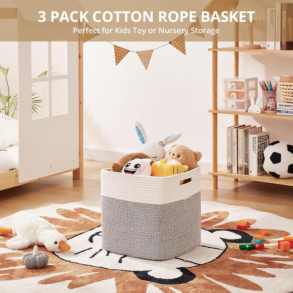 OIAHOMY 13 Inch Cube Storage Bins, 3-Pack Cotton Rope Woven Baskets for Organizing, Insert Storage Baskets for Shelves, Baby Nursery, Closet Organizer, 13 * 13 * 12.6IN, Grey & White