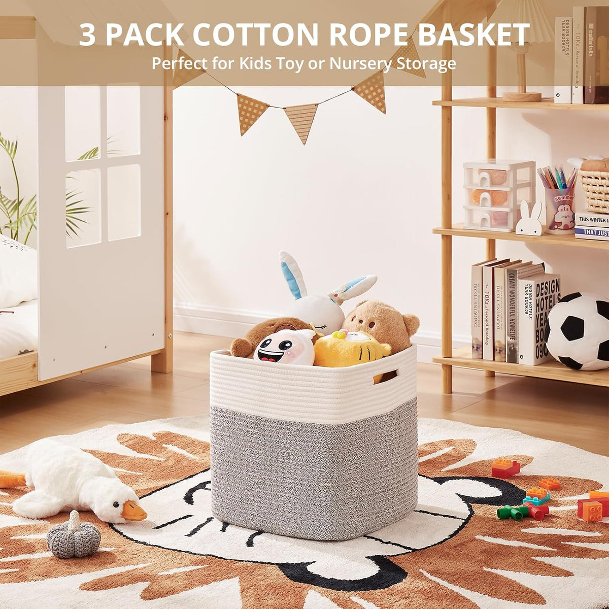 OIAHOMY 13 Inch Cube Storage Bins, 3-Pack Cotton Rope Woven Baskets for Organizing, Insert Storage Baskets for Shelves, Baby Nursery, Closet Organizer, 13 * 13 * 12.6IN, Grey & White