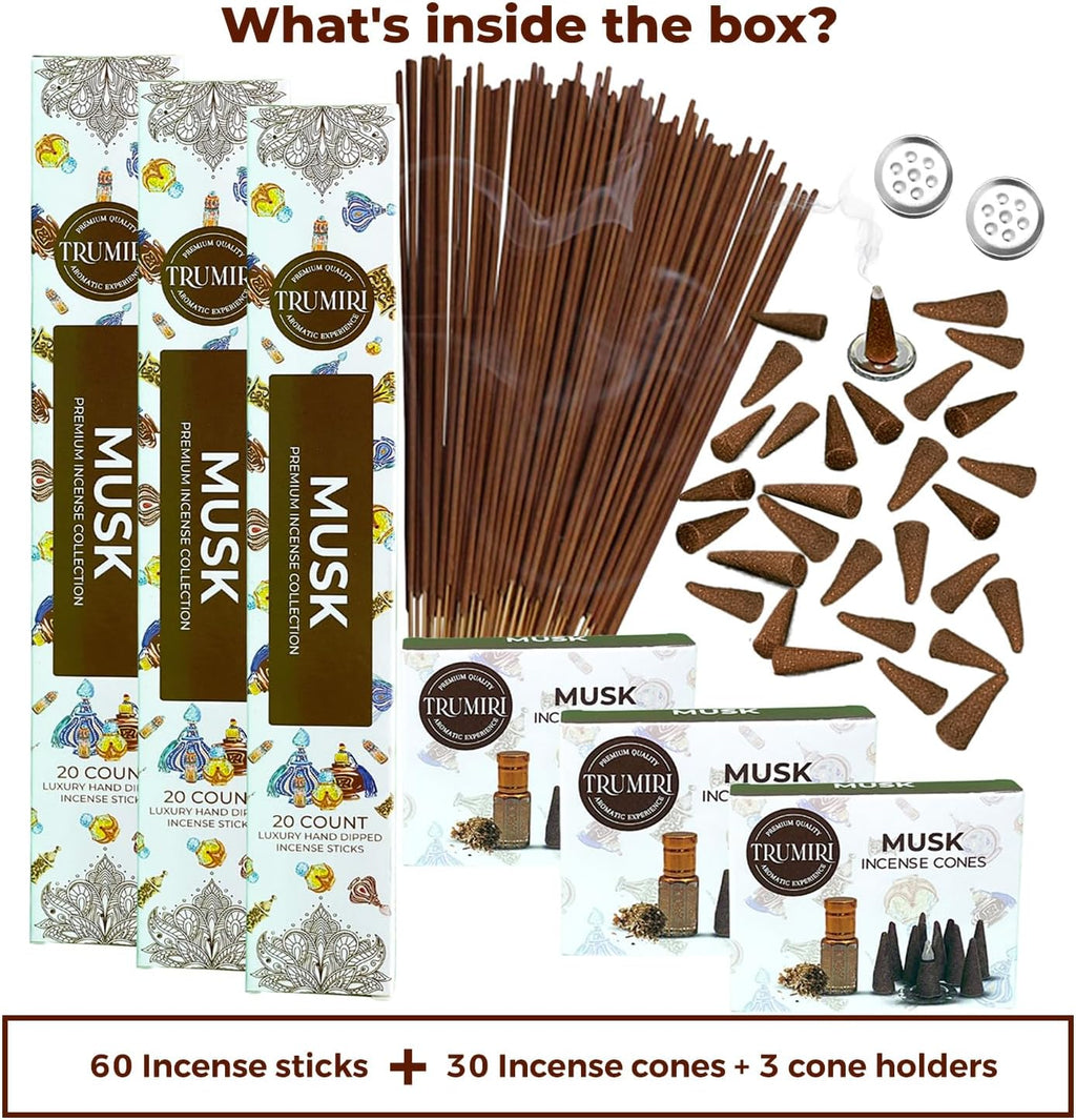 Musk Incense Sticks & Incense Cones Combo Pack - 60 Insence-Sticks + 30 Insence Cones - Inscense - Incense Cones Scented - Insents