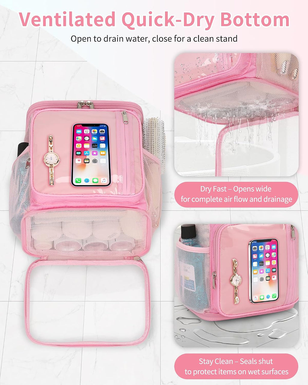 CUBETASTIC Mesh Shower Caddy Bag Portable - Large Capacity Shower Bag with Waterproof Phone Pocket & Sturdy Hook, Dorm Shower Caddy for Travel, Gym, College Essentials for Women & Men (Pink, M)