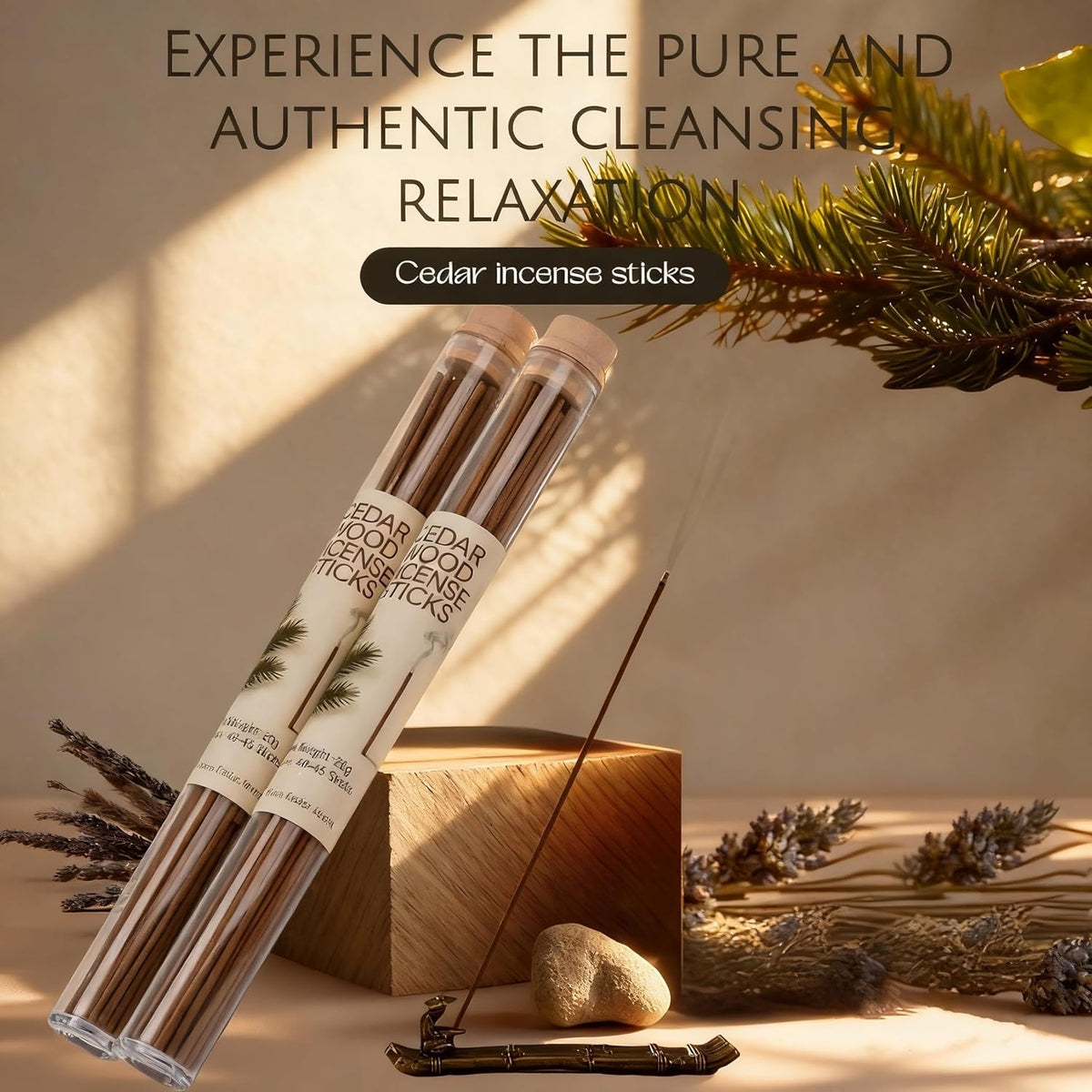 Natural Cedar Incense Sticks, 2 Tubes, Pure Cedarwood Incense, 1.4 oz