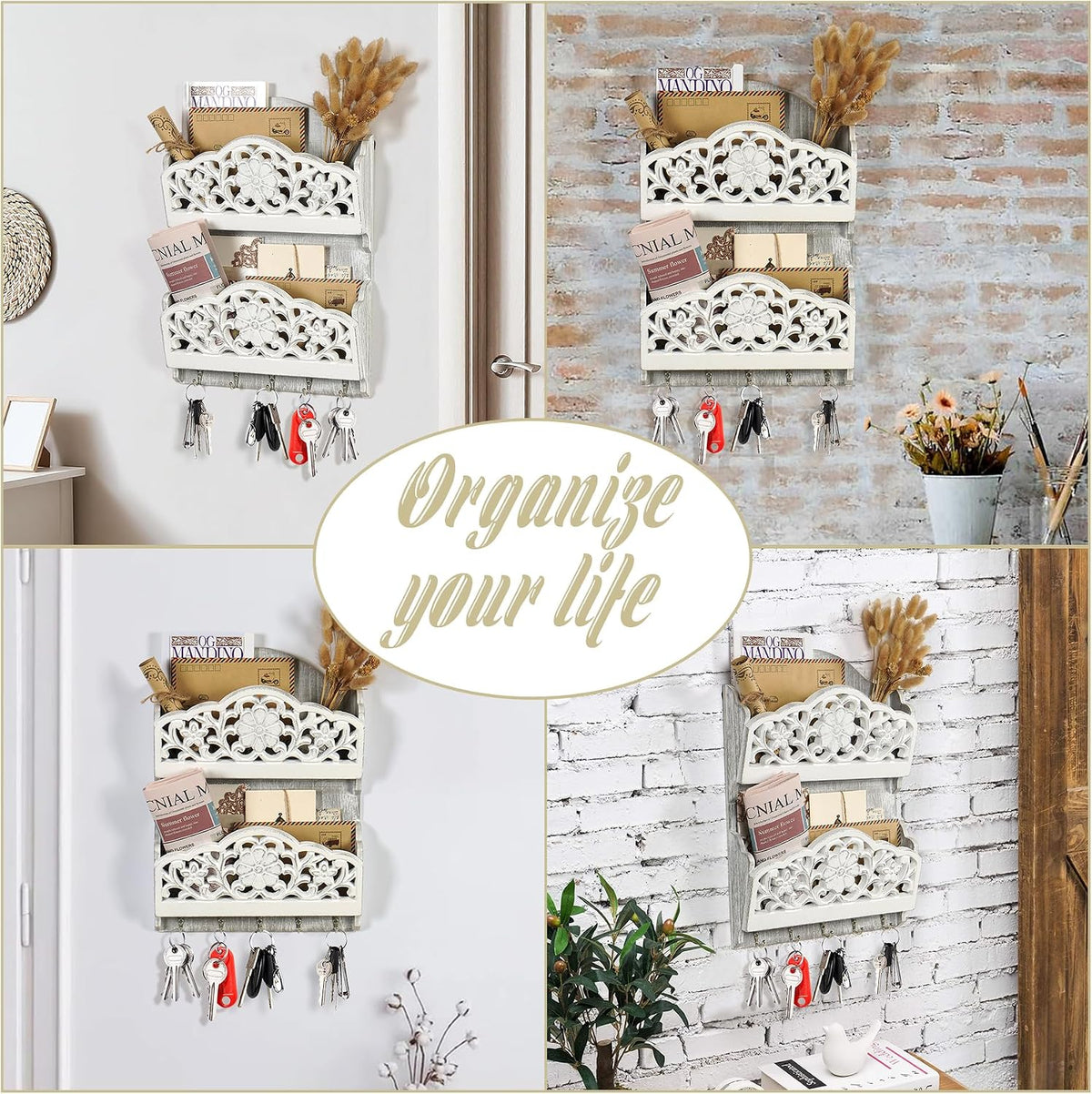 Key and Mail Holder for Wall, 2-Slot Mail Organizer Wall Mount 5 Key Hooks