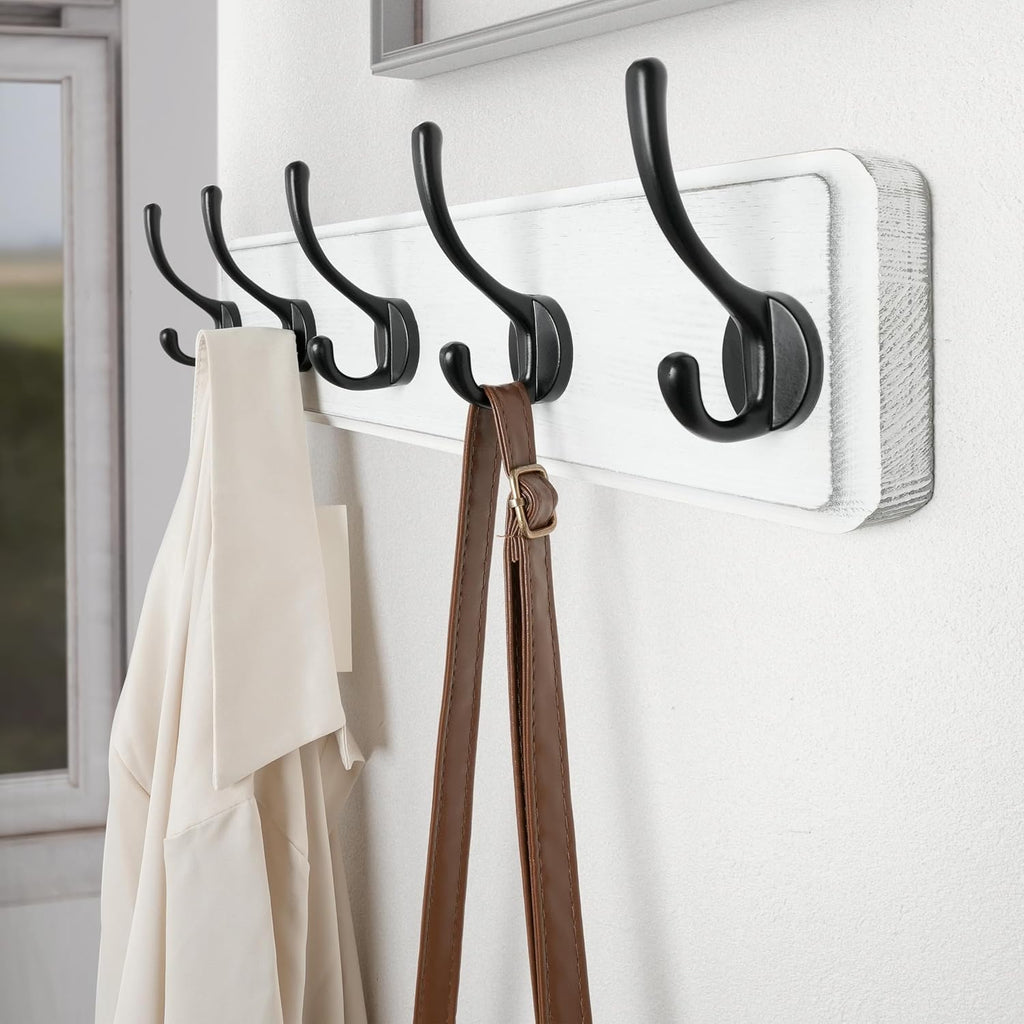 SKOLOO Rustic Coat Rack Wall Mount, 5 Hooks, 17 Inch, Solid Wood, White