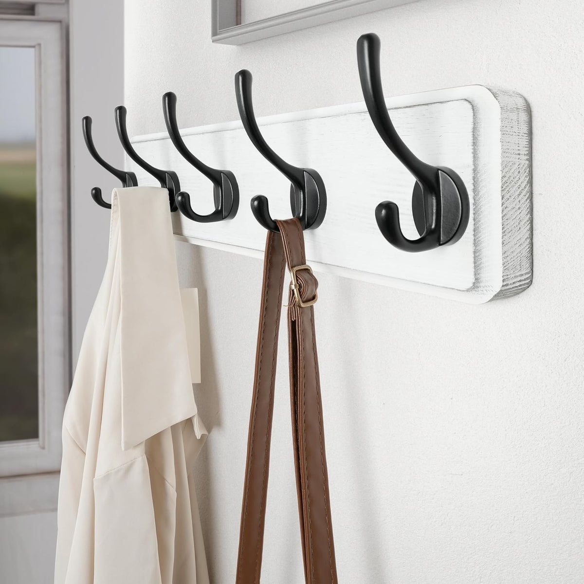 SKOLOO Rustic Coat Rack Wall Mount, 5 Hooks, 17 Inch, Solid Wood, White