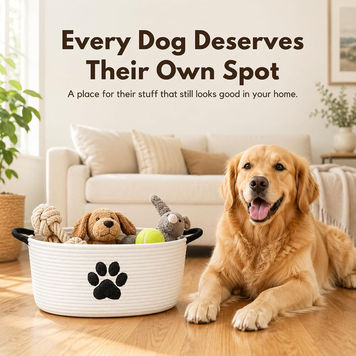 Dog Toy Basket with Handles, Cotton Rope Storage Bin Organizer for Pets