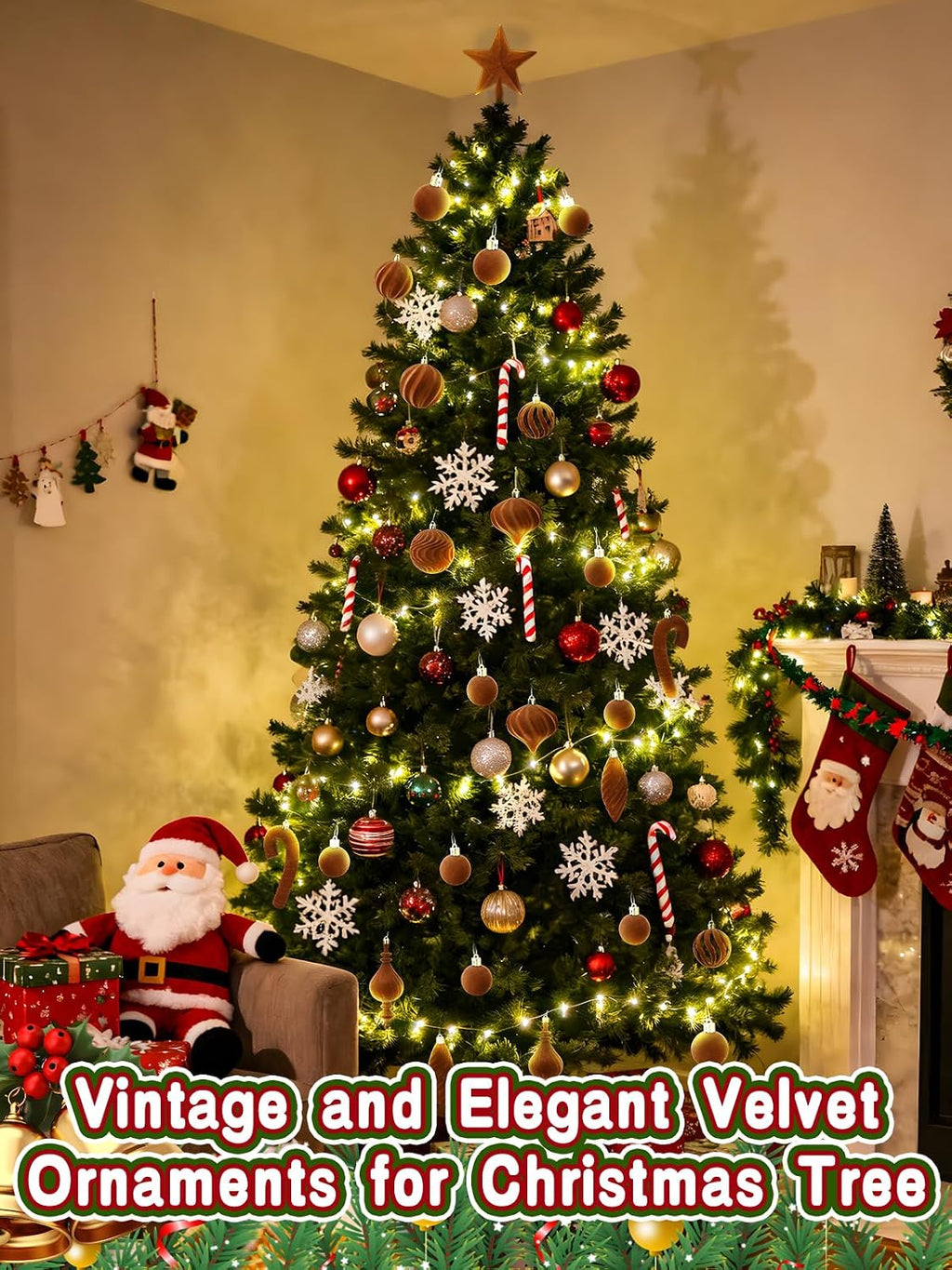 Acostop Brown Velvet Star Christmas Tree Topper & Ornaments Set, 30Pcs