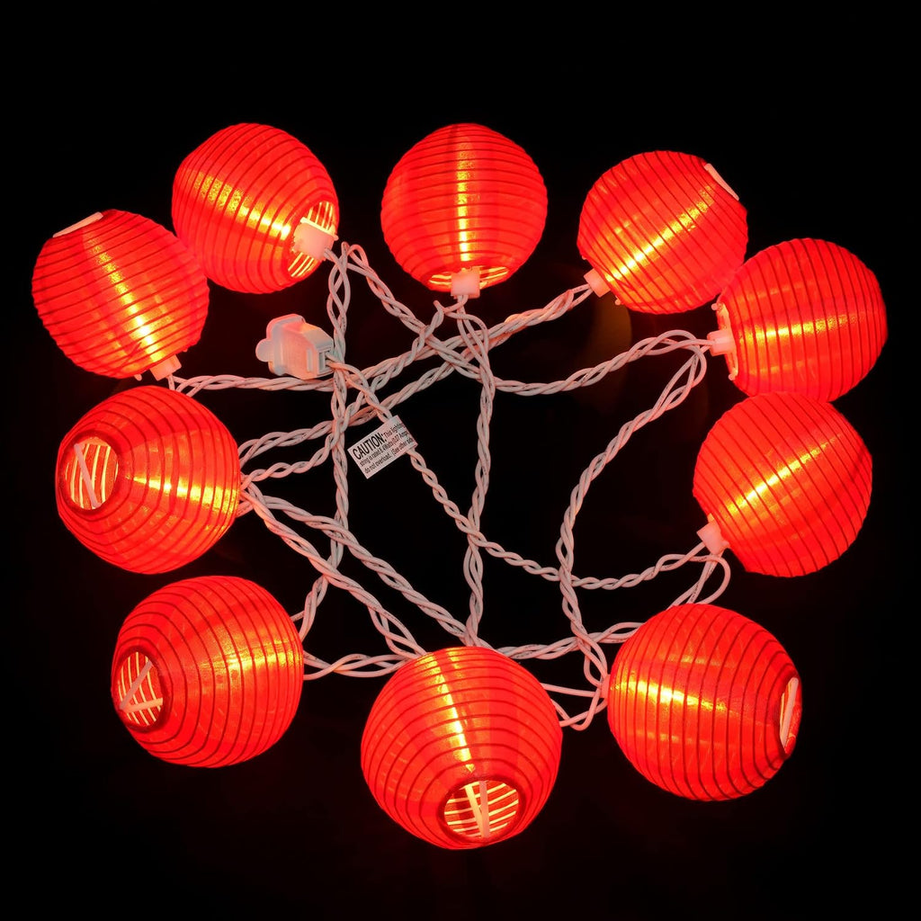 YULETIME Red Lantern String Lights, 10 ct 3" Dia 7.6 ft White Wire Plug-in