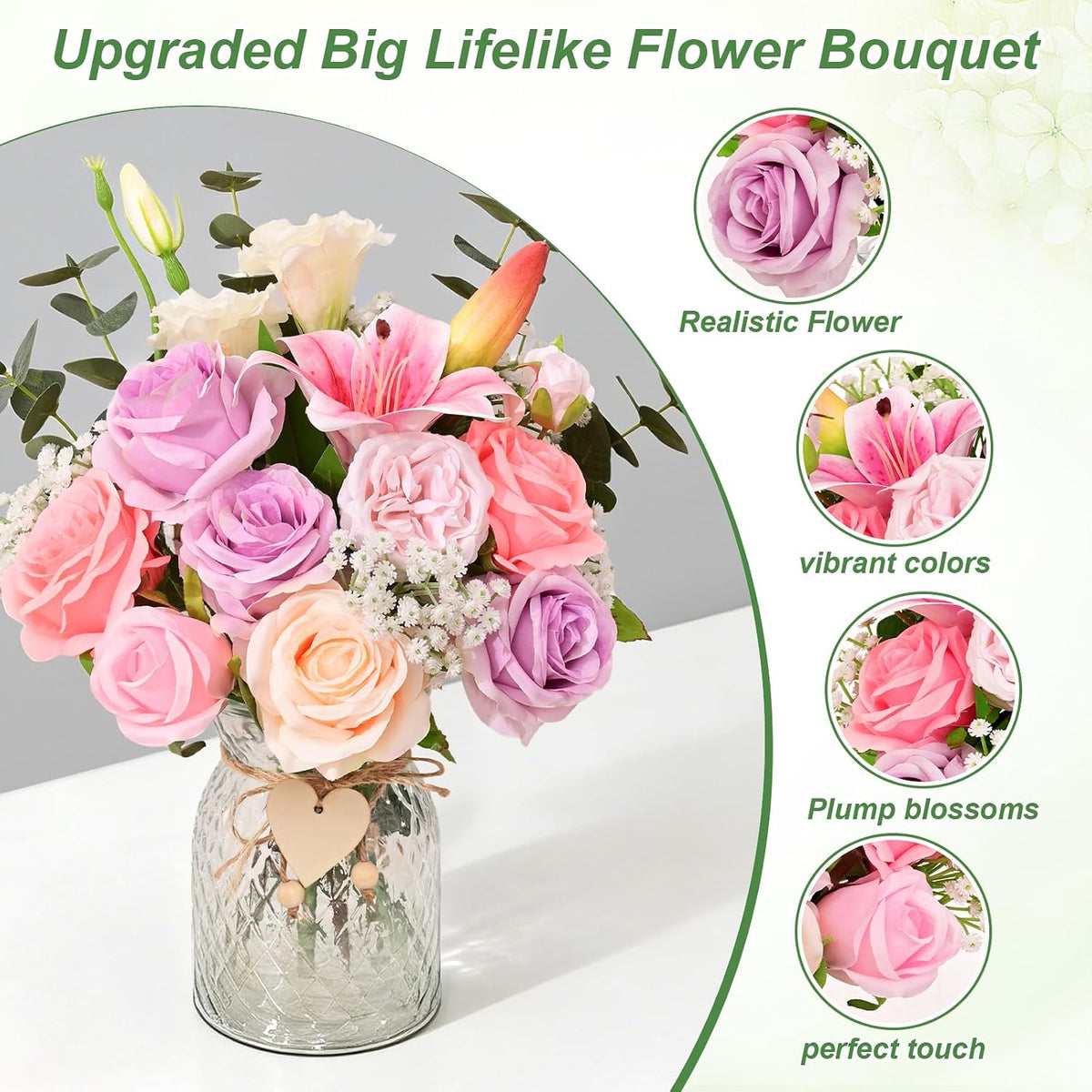 Livole 22Pcs Artificial Faux Flowers with Vase & Light Real Touch Flower