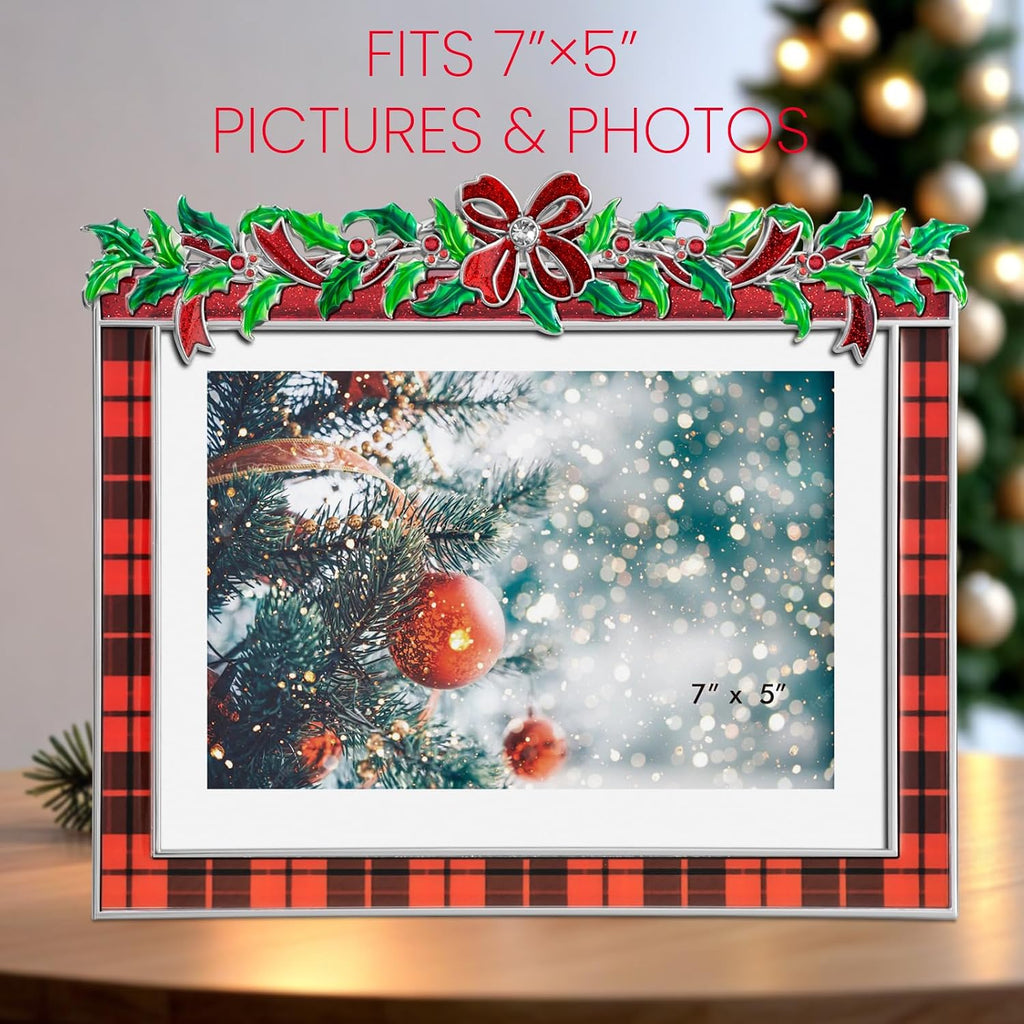 Christmas 5x7 Picture Frame Christmas Metal Display Photo Frames with Rhinestone High Definition Glass Front Gift Ideas Tabletop Home Decorative (Red Grid)