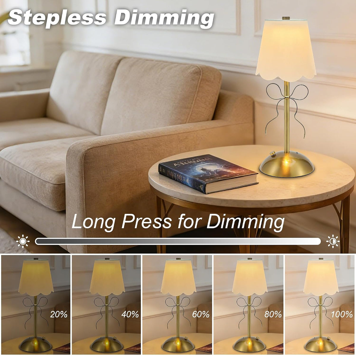 Cordless Small Table Lamp,Cute LED Desk Lamp,Gold Bow Lamp
