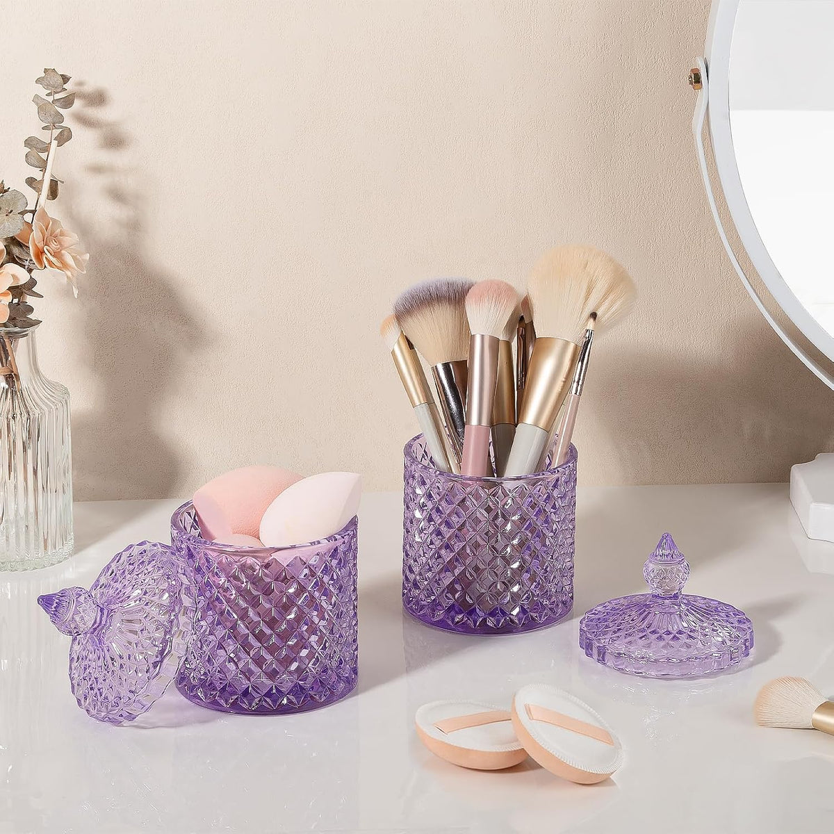 2 Pack Qtip Holder Apothecary Jars with Lid, Thick Glass, Purple