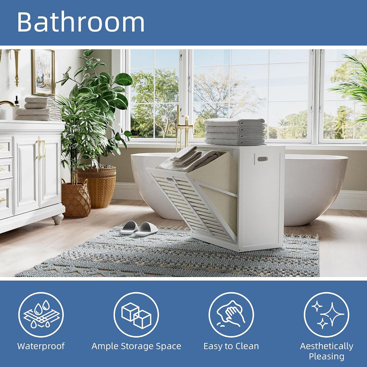 HITNET Tilt Out Laundry Hamper Cabinet, Bathroom Laundry Cabinet with 20 Gallon Clothes Basket, Space Saving Freestanding Bamboo Storage Organizer for Towels and Toys, White