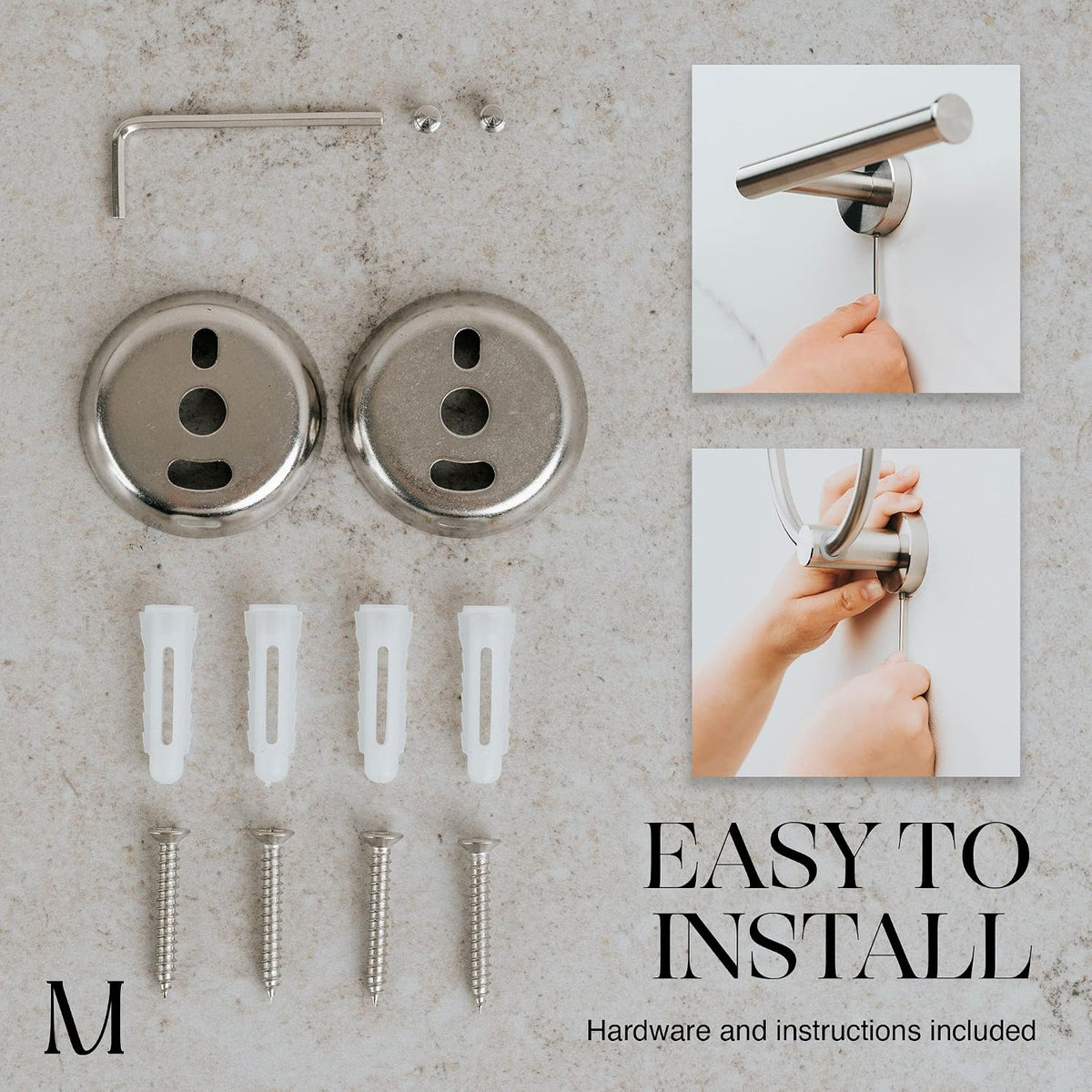 Marmolux ACC Bathroom Hardware Set - 4 Pieces Wall Mount Accessories - Towel Hooks, Hand Towel Holder, Towel Ring, Toilet Paper Holder - Made of SUS 304 Stainless Steel with Brushed Finish