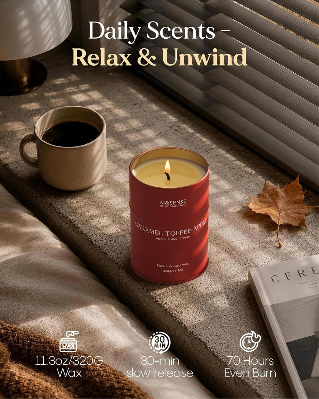 M&SENSE Caramel Toffee Apple Scented Soy Fall Candles, 11.3 oz