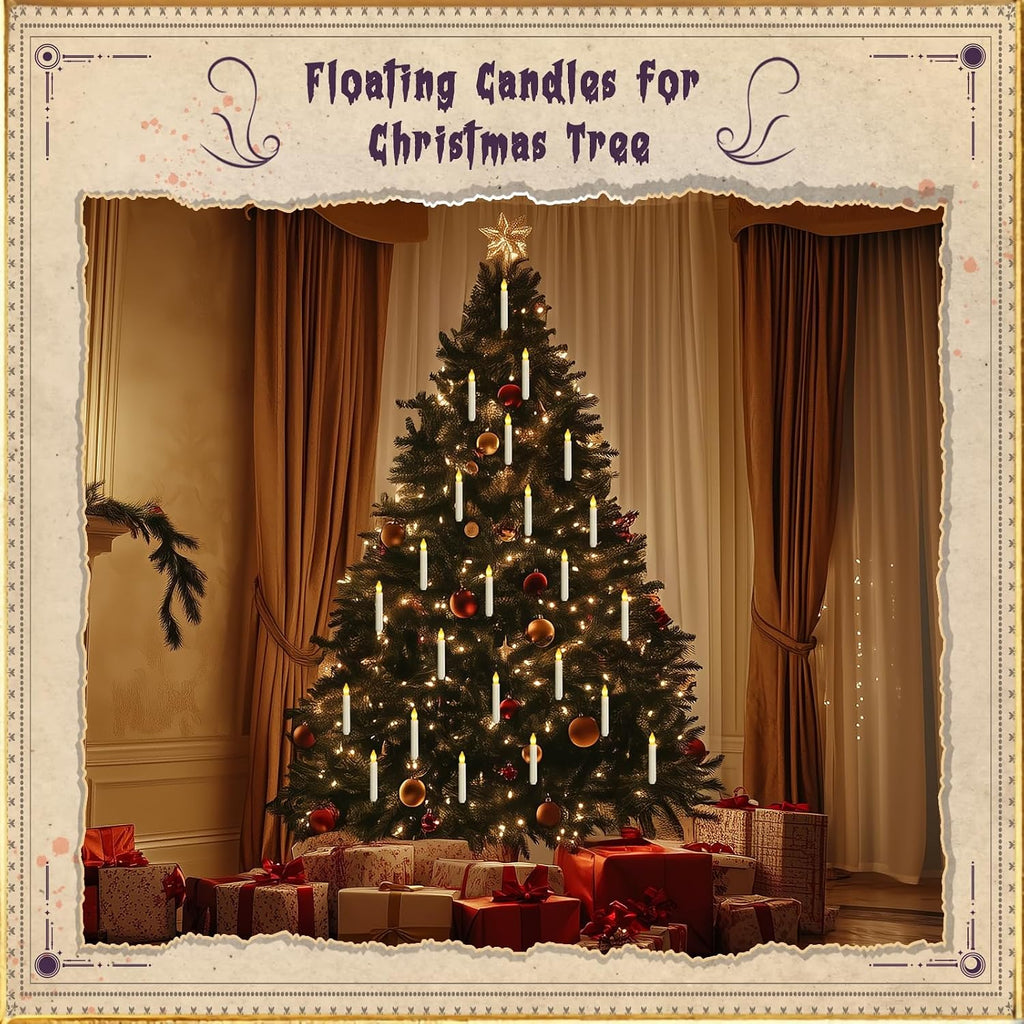 Homemory Floating Candle with Wand Remote, 12 Pcs Magical Candlesticks Witch Decors, Warm Yellow Flameless Taper Candles Battery Operated, LED Window Candle for Halloween Party Decor