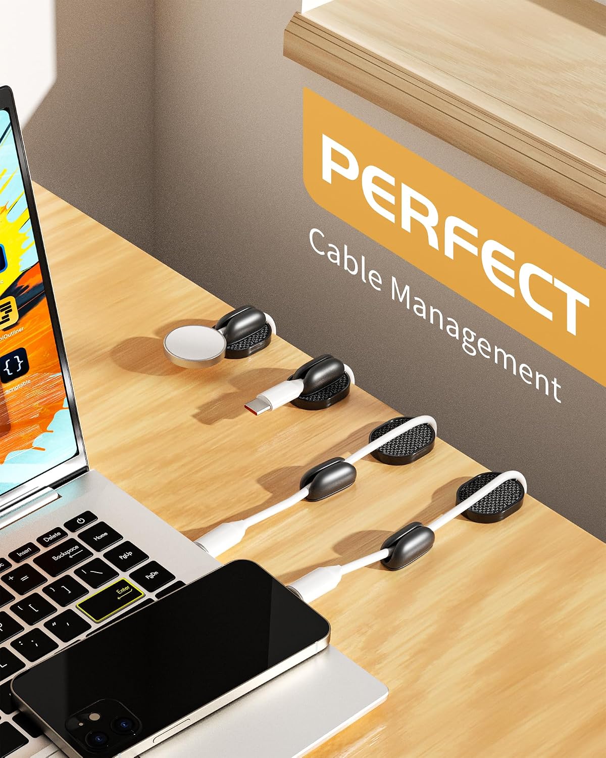 6 Pack Puretor Cord Organizer Holders - Strong Adhesive & Magnetic Desk Cable Management, Effortlessly Organize Phone Charging Cords for Home, Office, Car, Desk & Nightstand