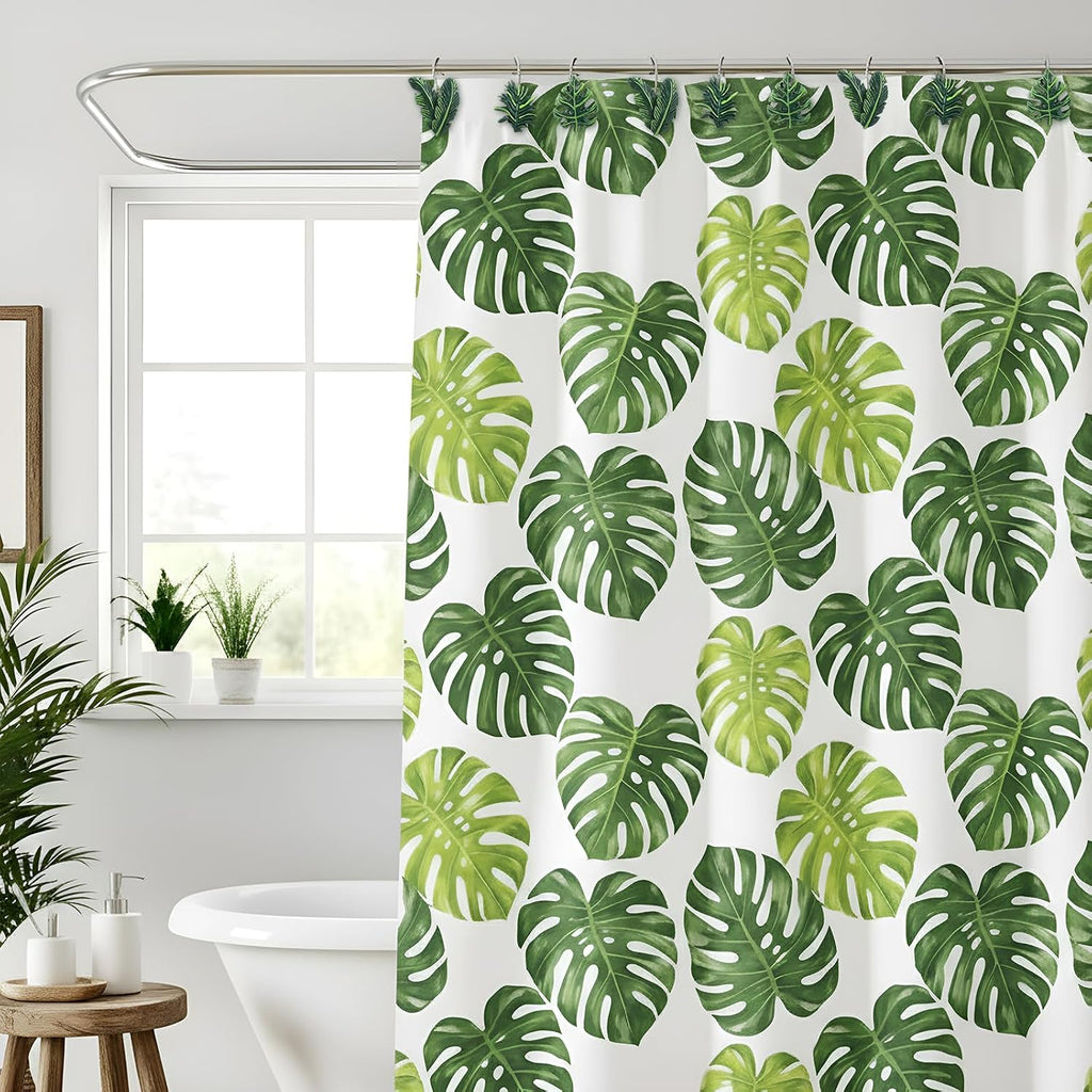 Amyhill 12 Pcs Tropical Leaf Decorative Shower Curtain Hooks Cute Green Monstera Deliciosa Leaves Curtain Rings Hanger Stainless Steel Resin Tropical Botanical Themed Hooks for Home Bathroom Decor