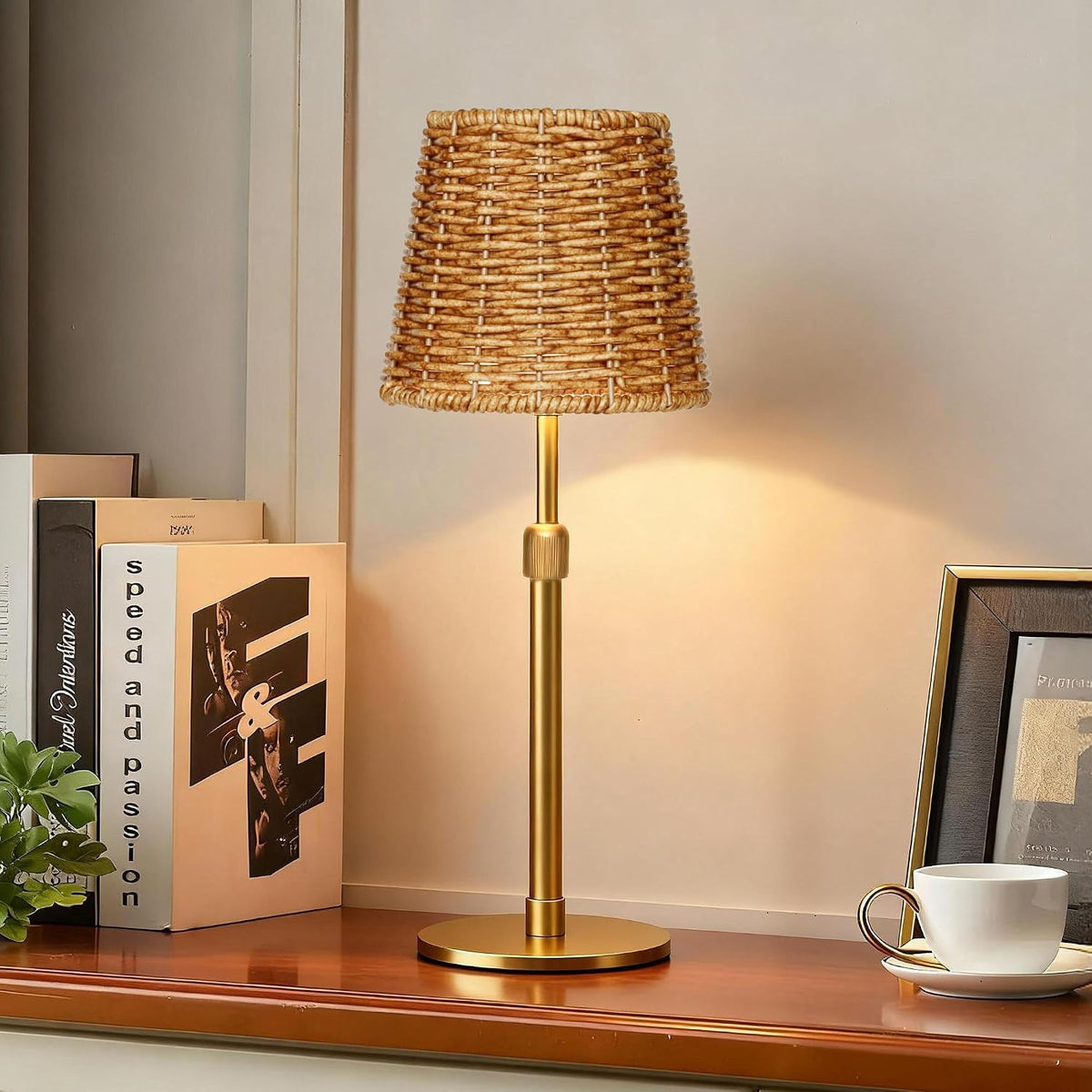 Mr.White Outdoor Waterproof Rechargeable Cordless Table Lamp with Wicker Shade, 5200mAh Battery Operated Table Light with Telescopic Pole, for Patio Restaurant Kitchen (Gold)