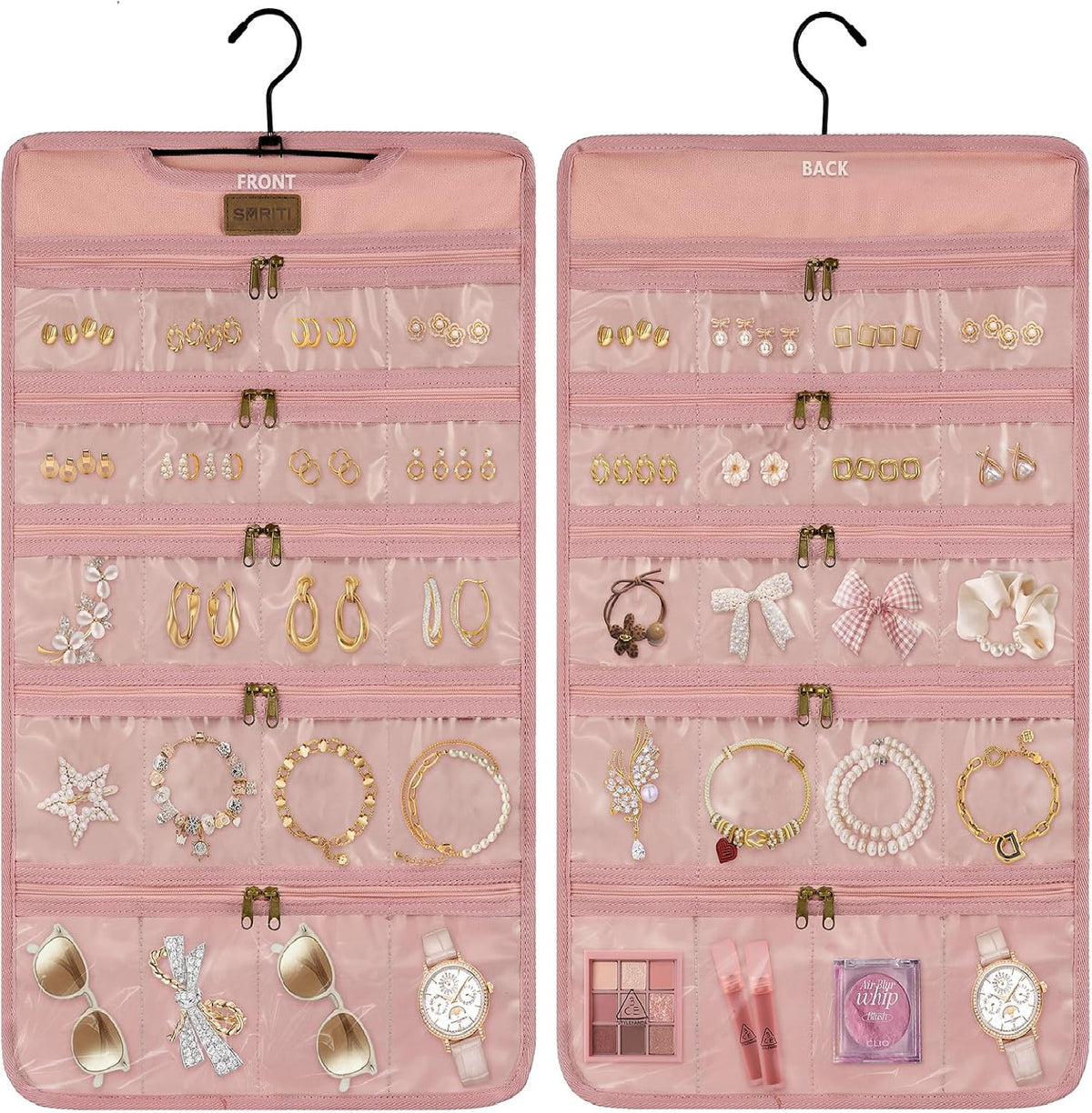SMRITI Hanging Jewelry Organizer with Zippered Pockets, Double-Sided Accessories Organizer Holder for Earring Necklace Bracelet Ring on Closet Wall Door,Dustproof Foldable for Travel (Pink 1 Pack)