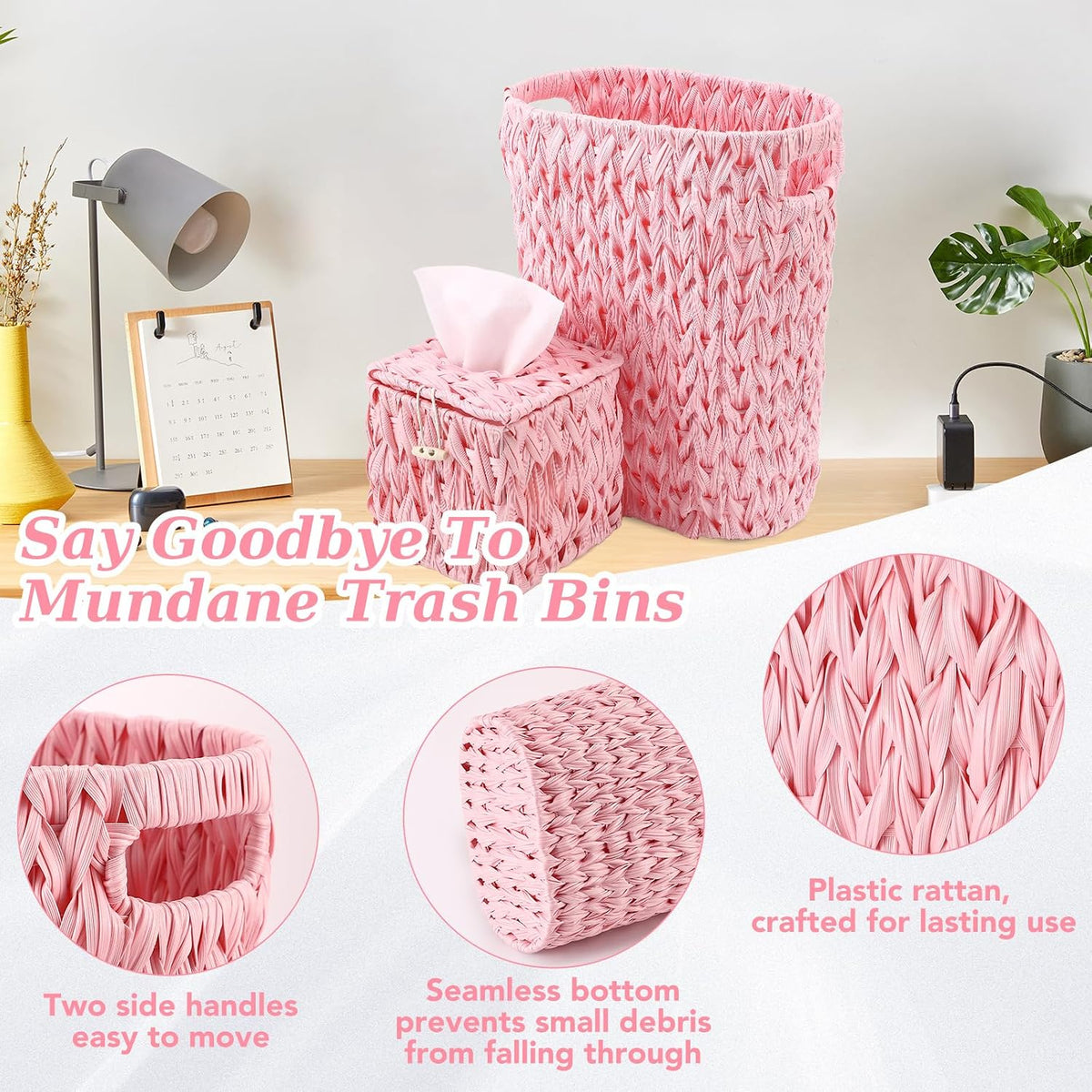 BSSN Wicker Trash Can and Square Tissue Box Cover, 4 Gallon Water Hyacinth Bathroom Trash Can, Handwoven Napkin Holder, Narrow Small Waste Basket, Rustic Decorative Home Set for Bedroom,Office (Pink)