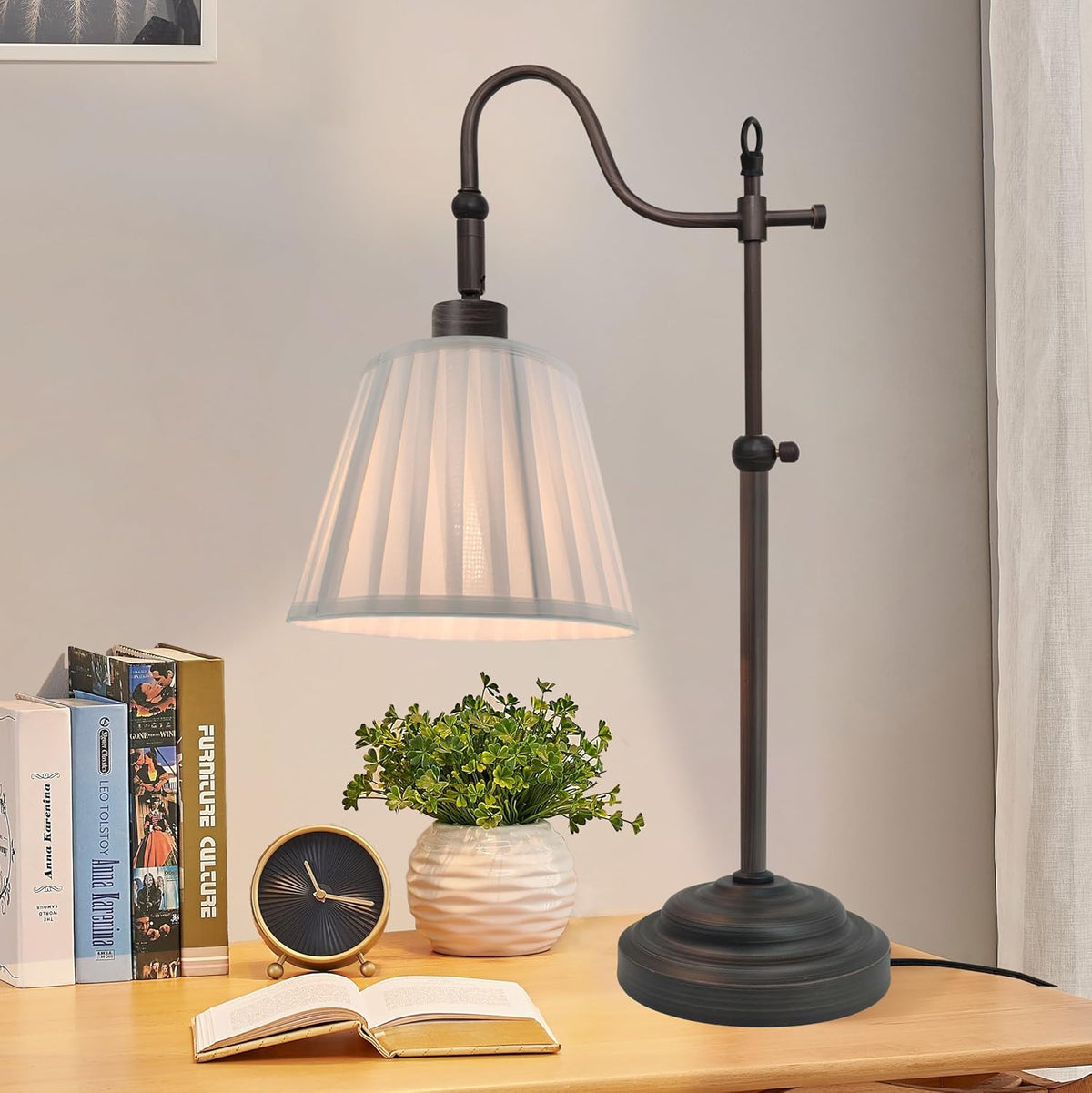 Farmhouse Desk Lamps, Reading Bedside Table Lamp for Living Room, Vintage Industrial Swing Arm Pleated Light for Bedroom, E26