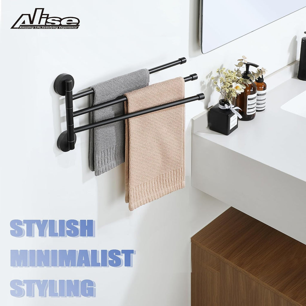 Alise 3 Arm Swivel Towel Rack, Matte Black Swivel Out Towel Bar, 13.9 Inch