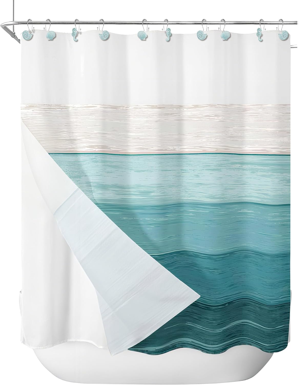 Sunlit Seashells Decorative Double Shower Curtain Hooks, Aqua Blue Ocean Creatures Coastal Shower Curtain Rings, Resin, Nautical Bathroom Decoration Beach Shower Curtain Hooks-12 Pack