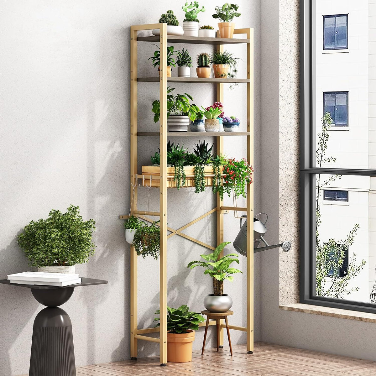 Kalrin Over-The-Toilet Storage Rack, 4-Tier Bathroom Organizer Shelf Over Toilet with Adjustable Shelf and Basket, Freestanding Space Saver Bathroom Shelves Above Toilet for Room (MetalWood-Gray)