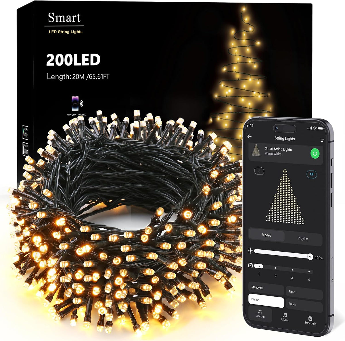 BrizLabs Smart Christmas Lights, 66 ft 200 LED Warm White String Lights