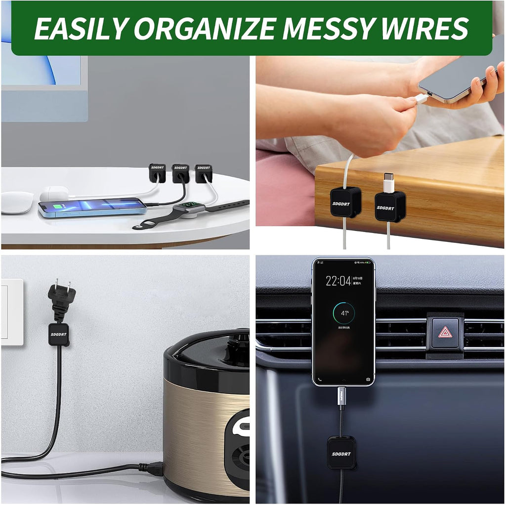 12 Pack Mini Magnetic Cord Holder, Residue-Free Self Adhesive Auto-Lock Cable Clips, Reusable Wire Keeper for Desktop, Car, Nightstand, Charging & Earphone Wires, Black Cable Organizer Clips