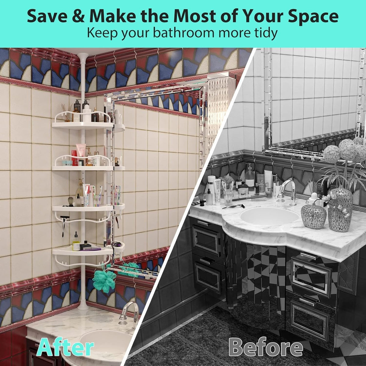Shower Caddy Tension Pole with 4 ABS Baskets,Shower Storage Shelf with 56 to 125 Inch Adjustable Stainless Pole for Bathroom White