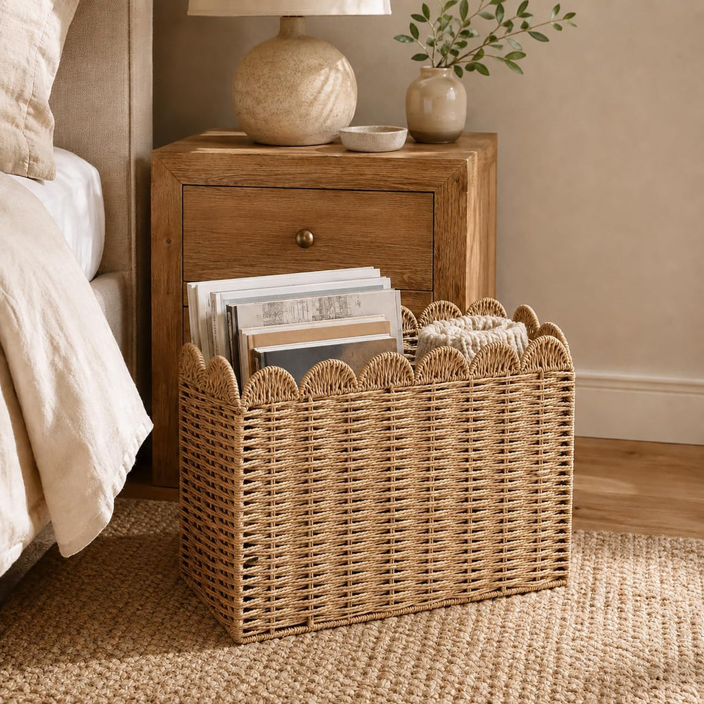 Wicker Magazine Basket, Paper Rope Scalloped Magazine Holder for Files Books Newspapers and Documents, Handwoven Floor Organizer Rack for Office Living Room Bathroom