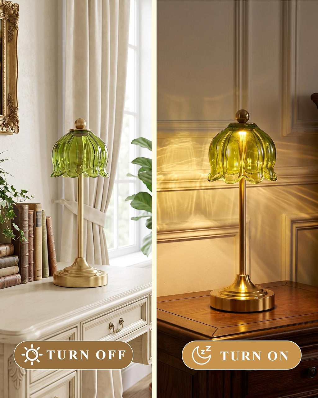 Cordless Touch Table Lamp with Glass Shade (Green, 2 Pack)