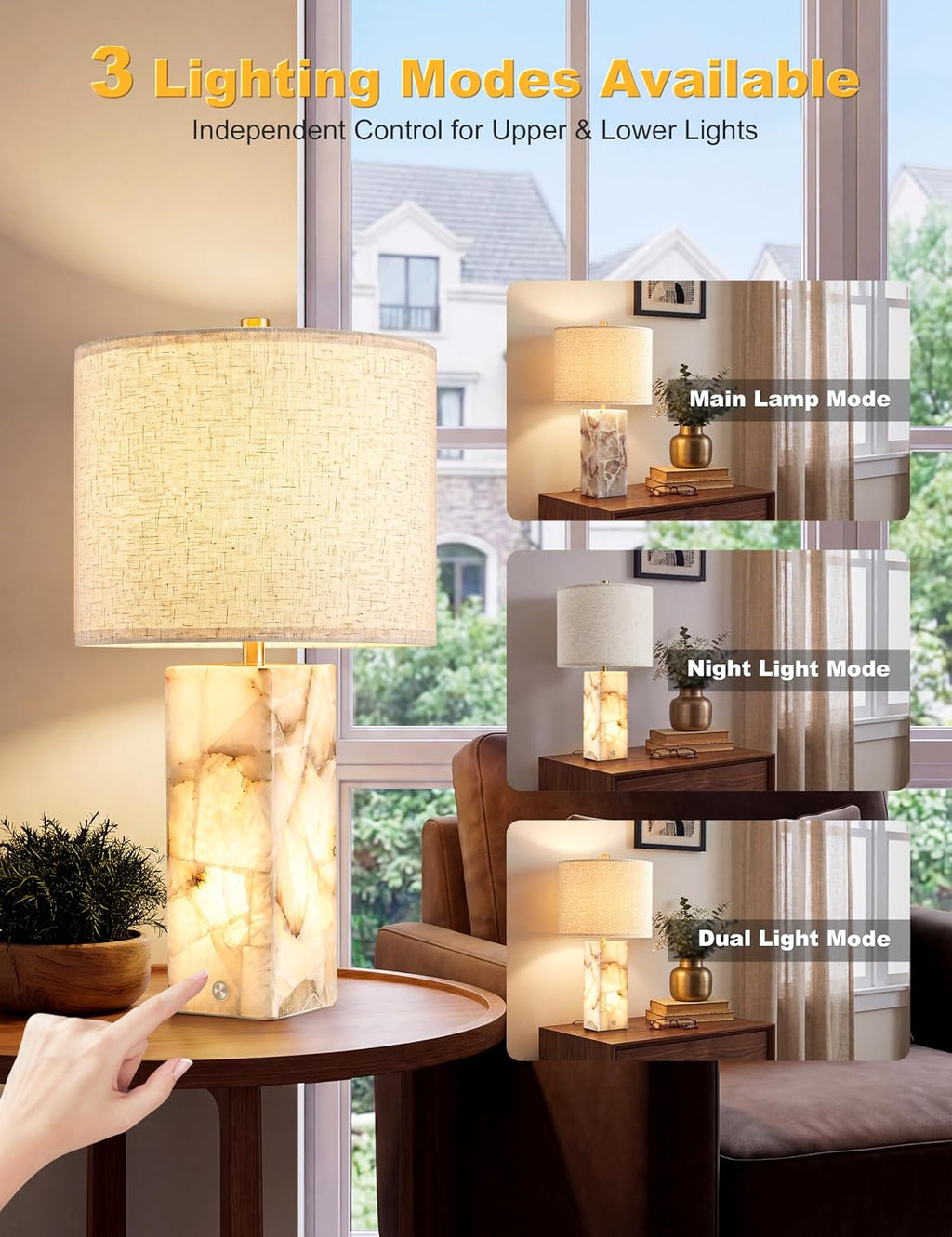 VOLISUN 23" Alabaster Table Lamp Set of 2, Modern Marble Lamp with Linen Shade, Touch Control & 3-Level Dimming, Night Light Bedside Lamps for Bedroom Living Room Office