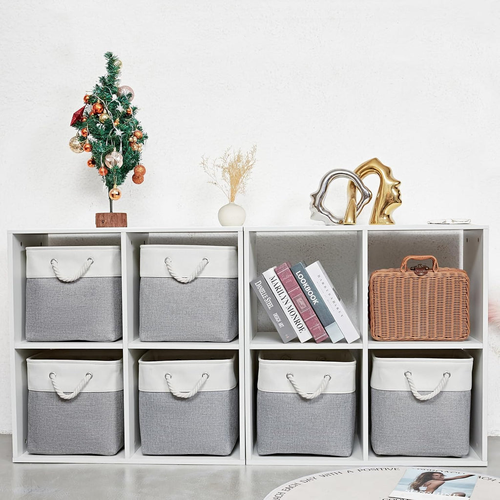 MidmmVick 12 x 12 Inch Cube Storage Bins, 6 Pack Large Collapsible Fabric Storage Bin with Ropes, Foldable Storage Cubes for Home, Office,Closet, Clothes, Toys Organizer (White & Grey)