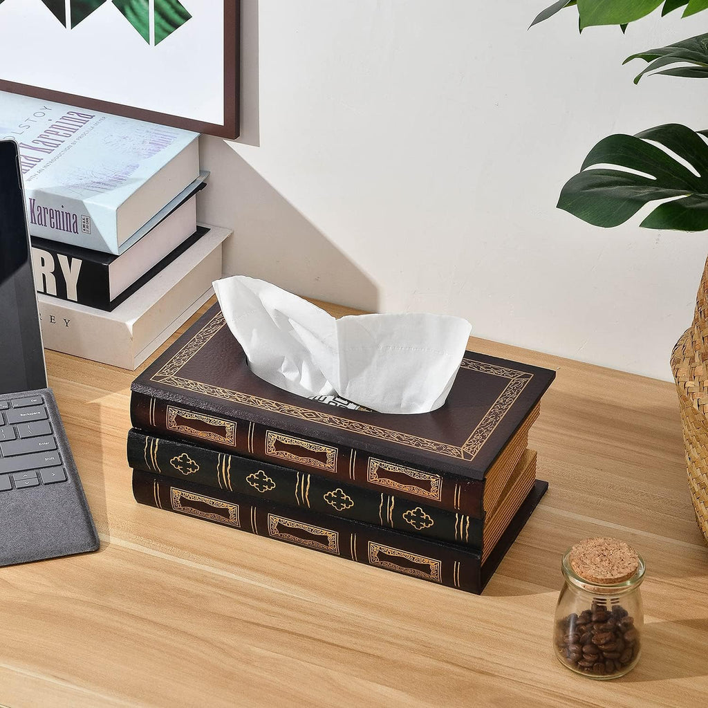 Crafted Classical Retro Wooden Antique Book Tissue Box Cover Rectangular Tissue Holder Dispenser Paper Cover Case Napkin Holder Home Decor for Bathroom Living Room Office car Kitchen (Red)
