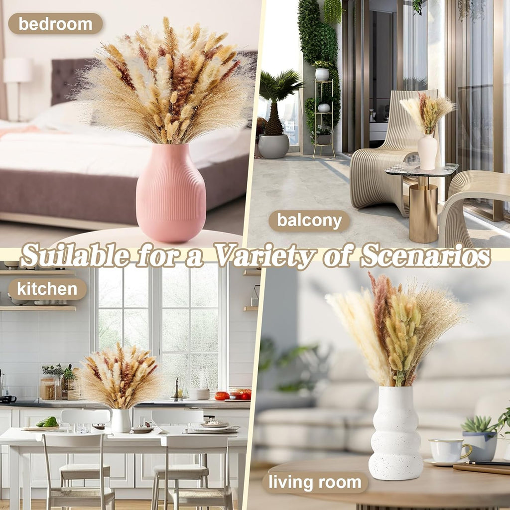 Le courant 17" 200Pcs Dried Pampas Grass Decor, Naturally Small Boho Pampas Grass with Bunny Tails & Reed Grass for Home Table Decor, Wedding, Rustic Farmhouse Party Decorations, White and Brown