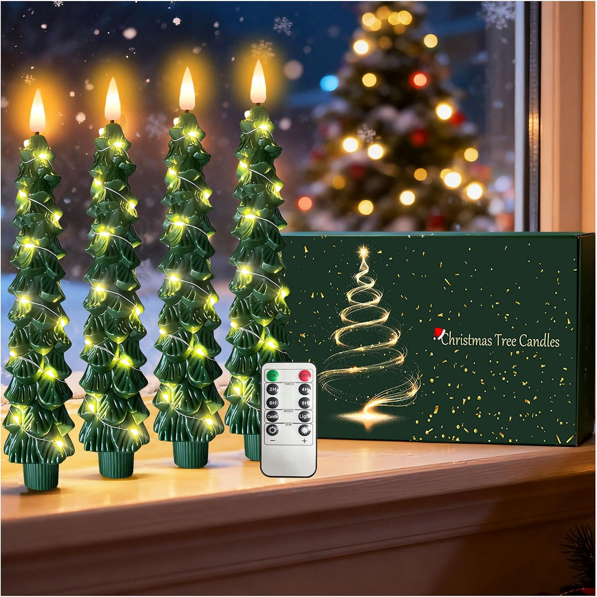 4Pcs Christmas Tree Taper Candles, Flameless Christmas Tree Candles with Remote, LED Battery Operated Candle with String Lights, 3D Flickering Candlesticks for Home Dinner Christmas Decorations