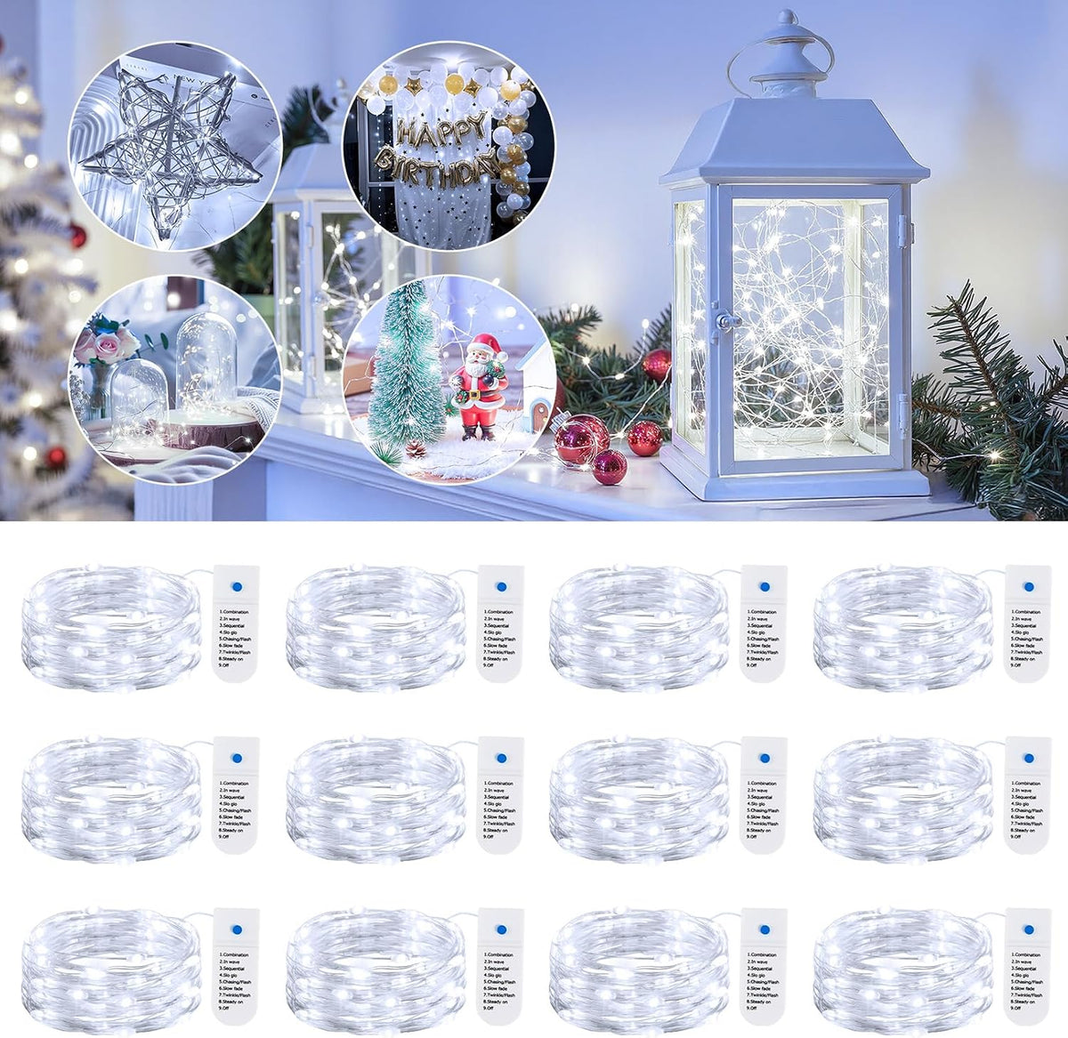 Minetom 12 Pack White Battery Operated Fairy String Lights 8 Modes